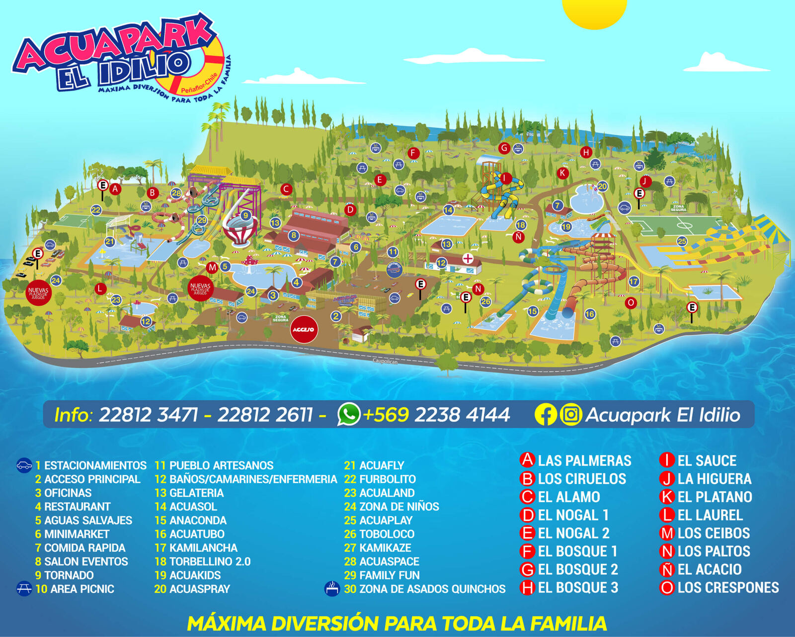 Mapa de Acuapark El Idilio con la ubicación de toboganes, piscinas, servicios y sectores de quinchos