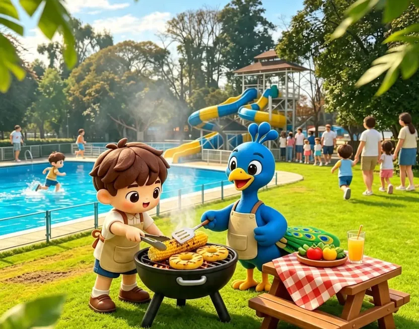 Un niño y el pavo real de Acuapark asando choclos y piña en una parrilla, junto a la piscina y las mesas de picnic